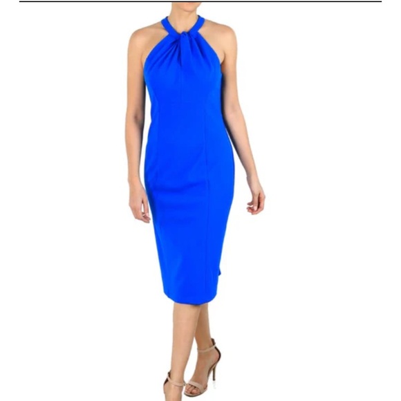 $129 Julia Jordan twist or knot neck blue sleeveless cocktail midi dress. Sz 10. - Picture 3 of 13
